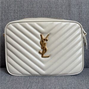Saint Laurent Chevron Quilted Camera Bag in Cream with Gold Hardware